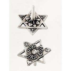 Silver Star of David Dreidel with Hebrew Text, Flowers and Heart Art Israélien