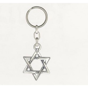 Silver Star of David Keychain with Interlocking Triangle Design Art Israélien