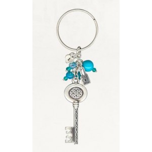 Silver Key Chain with Celtic Knot Skeleton Key, Lock, Heart and Beads Art Israélien