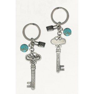 Silver Keychain with Skeleton Key Design, Turquoise Discs and Small Locks Art Israélien