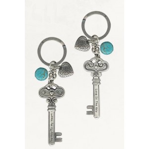 Silver Keychain with Skeleton Key Design, English Text and Heart Charms Art Israélien