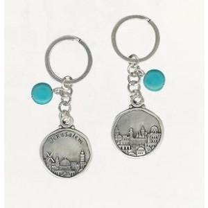 Round Silver Keychain with Jerusalem Depiction and Turquoise Gemstones Porte-Clefs