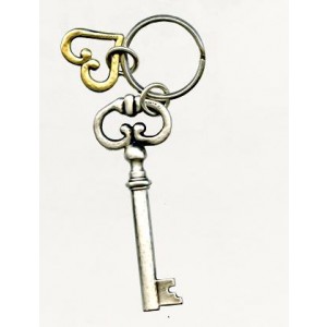 Brass Keychain with Large Skeleton Key and Silver Heart Charm Art Israélien