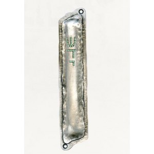 Silver Mezuzah with Textured Surfaces, Crystals and Divine Name of G-d Art Israélien