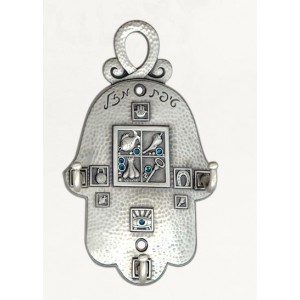 Silver Hamsa with Blue Crystals, Good Luck Symbols and Hammered Pattern