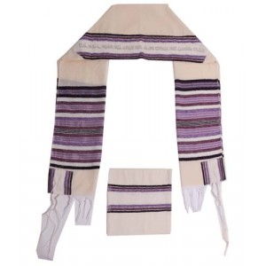 White Cotton Tallit with Purple and Black Stripes and Silver Hebrew Text
