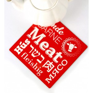 Bright Red Trivet with White Text and Cow Head by Barbara Shaw Vaisselle