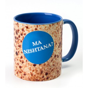 Blue Ceramic Mug with English Text and Images of Matzah by Barbara Shaw Pessah
