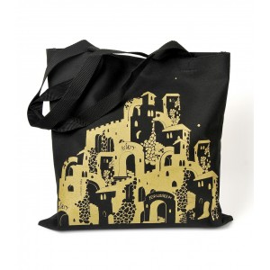 Black Canvas Jerusalem Tote Bag with Numerous Shapes by Barbara Shaw Jerusalem Day