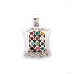 Rhodium Plated Hoshen Pendant with Rows of Gemstones and Cubic Zirconia Colliers & Pendentifs