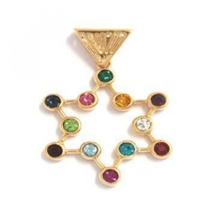 Gold Plated Star of David Pendant with Twelve Stones and Traditional Shape Colliers & Pendentifs