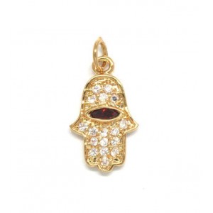 Pendant with Hamsa, Zircon and Garnet Stone in Gold Plated Colliers & Pendentifs