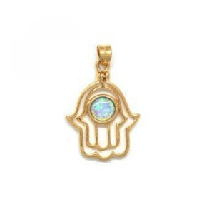Rhodium Plated Hamsa Pendant with Blue Opal Colliers & Pendentifs
