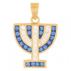 Gold Plated Menorah Pendant with Blue Sapphires and Zircons Colliers & Pendentifs