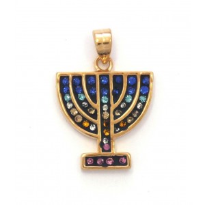 Pendant with Menorah Design in Gold Plated with Colorful Stones Colliers & Pendentifs