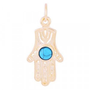 Pendant with Hamsa Design in Gold Plated with Turquoise Stone Colliers & Pendentifs