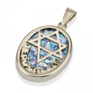 Silver Star of David Oval Pendant with Roman Glass Colliers & Pendentifs
