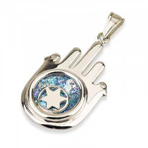 Hamsa Amulet in Silver with Star of David on Roman Glass Colliers & Pendentifs