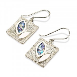 Silver Square Earrings with Roman Glass in Eye Design Boucles d'Oreilles