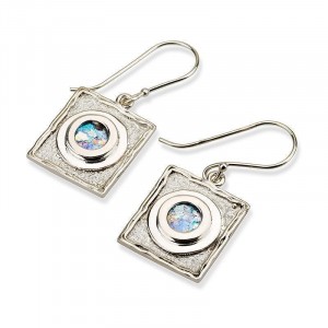 Silver Square Earrings with Roman Glass in Rings Boucles d'Oreilles