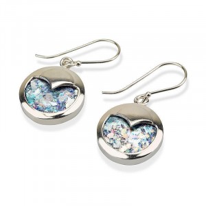 Silver Earrings with Roman Glass in Heart Shape Boucles d'Oreilles