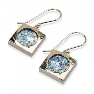 Silver Square Earrings with Roman Glass Boucles d'Oreilles