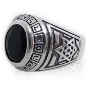 Ring with Divine Names of Hashem, Magen Davids & Onyx Gemstone Bagues Juives