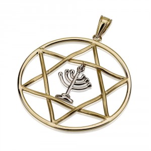 Star of David Disc Pendant with Menorah in 14k Two-Tone Gold Colliers & Pendentifs