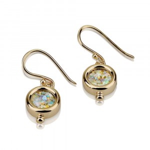 Earrings in Round Design and Roman Glass in 14k Yellow Gold Boucles d'Oreilles