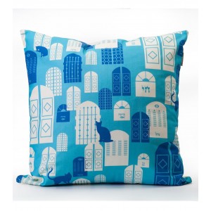 Cushion with Jerusalem Doors Design in Light and Dark Blue Jerusalem Day