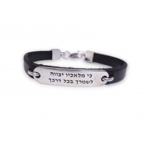 Leather Bracelet with Angel Blessing in Sterling Silver Bracelets Juifs