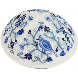 Kippah with Blue Embroidered Birds & Flowers- Yair Emanuel  Kippas