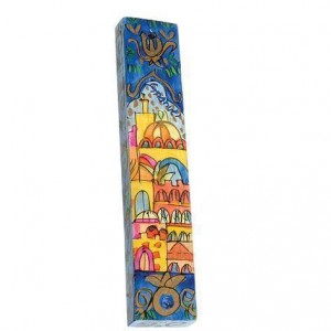 Hand painted Mezuzah with Jerusalem Panorama in Wood-Yair Emanuel Artistes & Marques