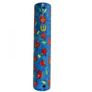 Hand painted Mezuzah with Small Pomegranates in Wood-Yair Emanuel Mezouzot