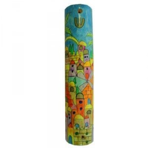 Hand painted Mezuzah with Jerusalem Image in Wood-Yair Emanuel Artistes & Marques
