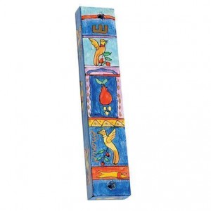 Hand painted Mezuzah with Doves in Wood-Yair Emanuel