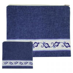 Tallit & Tefillin Bags Set in Blue Linen with Pomegranates Tefilines