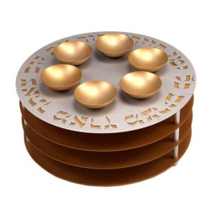 Gold Aluminum Seder Plate with Matzah Plates, Hebrew Text and Six Bowls