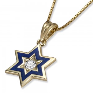 Star of David Pendant in 14k Yellow Gold & Blue Enamel with Center Round Diamond  Colliers & Pendentifs