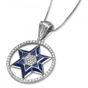 Star of David Pendant in 14K White gold & Blue Enamel with Center Diamonds Colliers & Pendentifs
