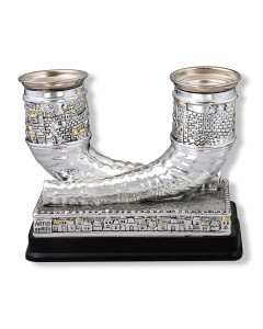 Silver Polyresin Shabbat Candlesticks with Shofar Design and Jerusalem Locations Chandeliers