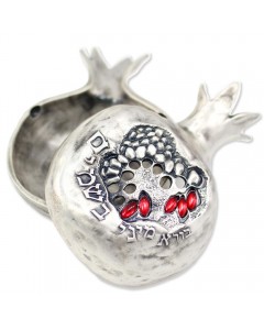 Silver Pomegranate Spice Holder with Hebrew Text and Red Crystals Ensembles de Havdala