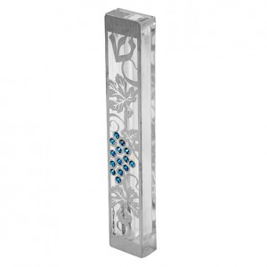 Mezuzah in Aluminum with Silver Grape Decoration & Blue Gems Mezouzot