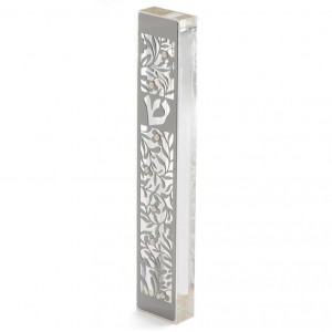 Stainless Steel and Plexiglas Mezuzah with Cutout Shin and Flowers Dorit Judaica