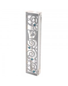 Clear Mezuzah with Swirl Design & Turquoise Gems 