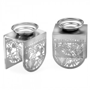 Dorit Judaica Stainless Steel Candlesticks With Laser-Cut Seven Species Design Bougeoirs