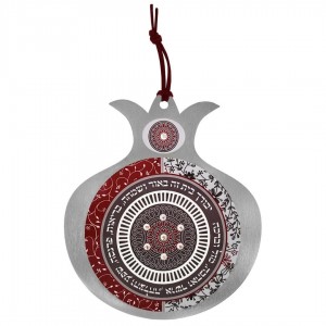 Dorit Judaica Stainless Steel Pomegranate Wall Hanging With Home Blessing and Mandala Design (Red, White and Grey) Bénédictions
