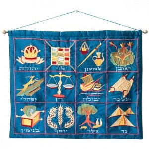 Yair Emanuel Raw Silk Embroidered Wall Decoration with 12 Tribes in Blue Souccot
