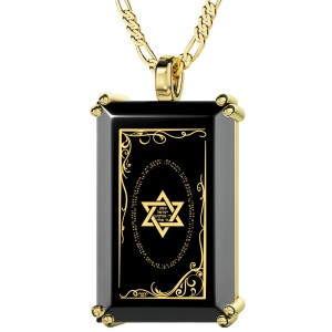 Gold Plated and Onyx Tablet Necklace for Men with Micro-Inscribed Shema Inside Star of David Colliers & Pendentifs