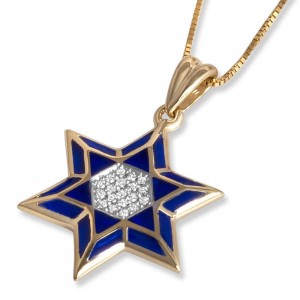 Gold Star of David Pendant with Diamonds and Blue Enamel Colliers & Pendentifs